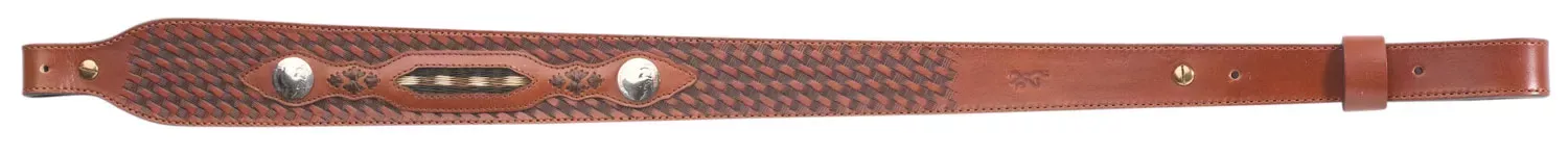 Browning Buffalo Nickel Sling made of Brown Leather with Nickle Overlays, Braided Horsehair Inlay, Basket Weave Finish, 25.50"-28" OAL & Adjustable Design for Rifles