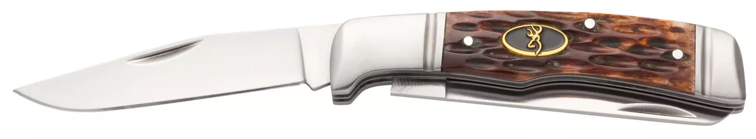 Browning Joint Venture2.88" Folding Drop Point/Spey Point Plain 8Cr13MoV SS Blade Brown Jigged Bone Handle