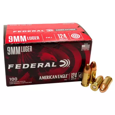 Federal American Eagle, 9MM Luger, 124 gr FMJ, 100 Rds