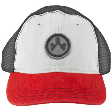 Magpul Icon Patch Garment Washed Trucker Hat, Stone/Black/Red, One Size Fits Most