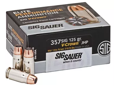 SIG Sauer E357S1, .357 SIG, 125GR V-Crown JHP, 50 Rds, Nickel-Plated Brass