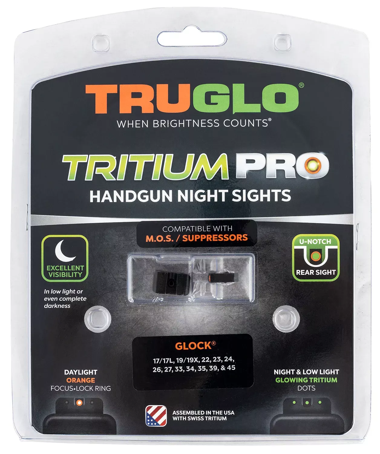 TruGloTritium Pro Night Sights 3-Dot Low Set Green with Orange Outline Front, Green Rear with Nitride Fortress Finished Frame for MOS Glock 17,19,34,35,45