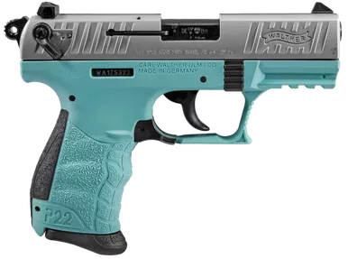 Walther Arms 5120362 P22 *CA Compliant 22 LR 10+1 3.42" Stainless Steel Serrated/Steel Slide, Angel Blue Polymer Frame w/Picatinny Rail, Black Interchangeable Backstrap Grips